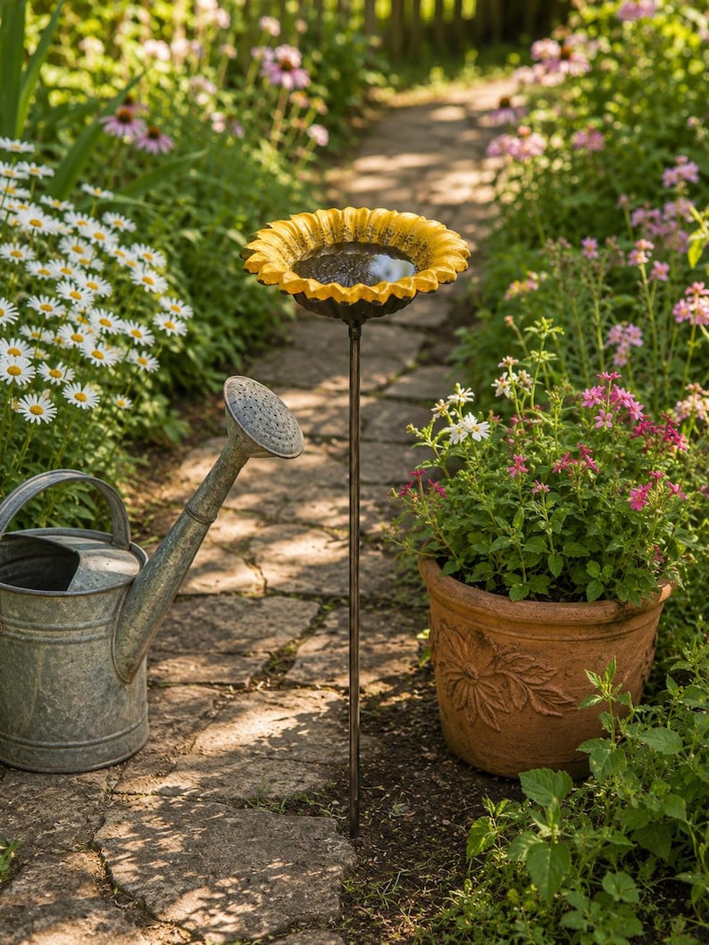 Estaca para bebedero de pájaros con forma de girasol, comedero de hierro fundido con forma de flor, bebedero para jardín exterior, decoración rústica para el patio, regalo para amantes de las aves para la decoración del jardín y el patio. imagen 8