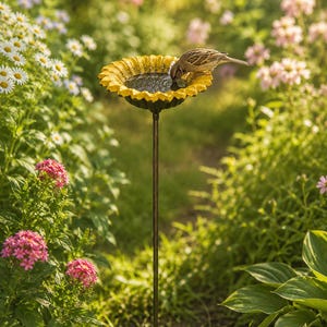 Estaca para bebedero de pájaros con forma de girasol, comedero de hierro fundido con forma de flor, bebedero para jardín exterior, decoración rústica para el patio, regalo para amantes de las aves para la decoración del jardín y el patio. imagen 5