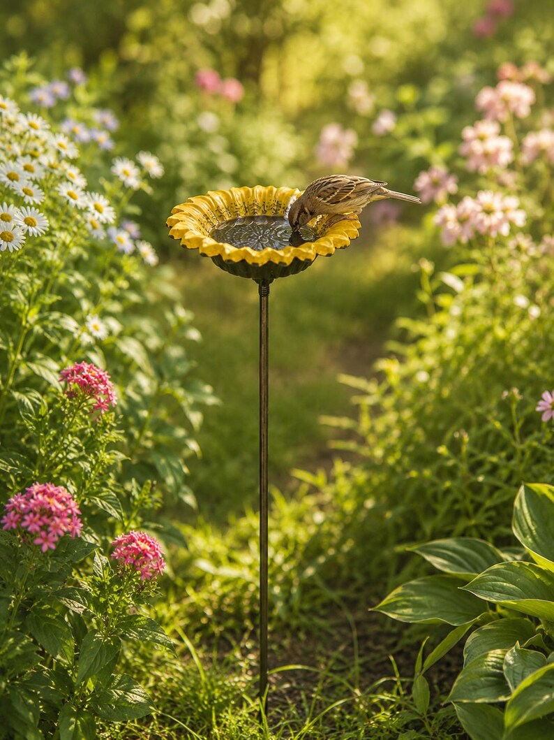 Estaca para bebedero de pájaros con forma de girasol, comedero de hierro fundido con forma de flor, bebedero para jardín exterior, decoración rústica para el patio, regalo para amantes de las aves para la decoración del jardín y el patio. imagen 5