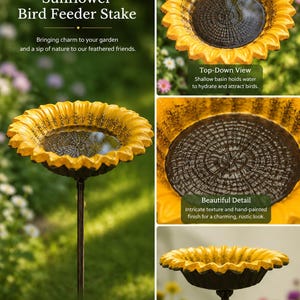 Puede incluir: Un bebedero para p&aacute;jaros en forma de girasol con un cuenco amarillo de p&eacute;talos y un centro marr&oacute;n oscuro texturizado. El cuenco est&aacute; montado sobre una varilla met&aacute;lica delgada. El texto incluye Sunflower Bird Feeder Stake, Top-Down View, Beautiful Detail, Perfect Depth, Durable Cast Iron, Sunflower Design y Attracts Birds.