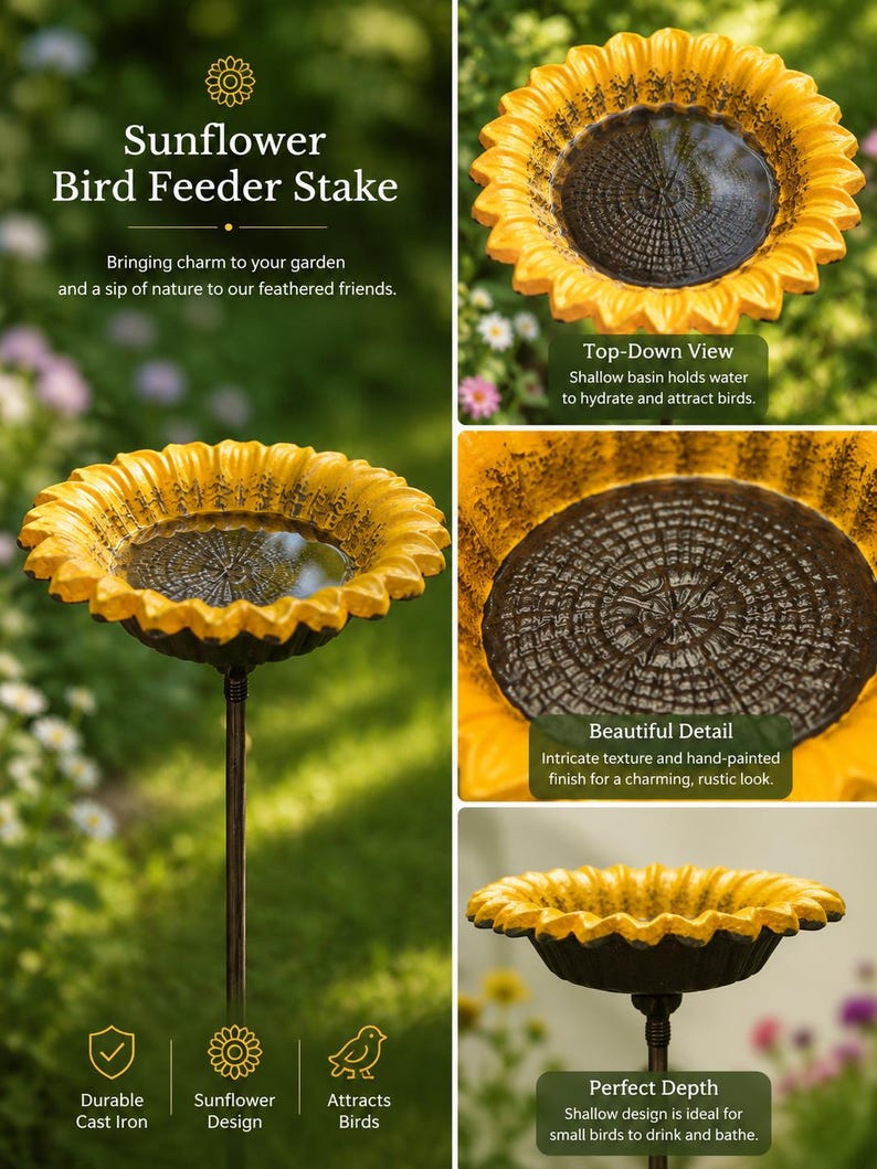Puede incluir: Un bebedero para p&aacute;jaros en forma de girasol con un cuenco amarillo de p&eacute;talos y un centro marr&oacute;n oscuro texturizado. El cuenco est&aacute; montado sobre una varilla met&aacute;lica delgada. El texto incluye Sunflower Bird Feeder Stake, Top-Down View, Beautiful Detail, Perfect Depth, Durable Cast Iron, Sunflower Design y Attracts Birds.