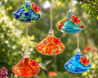 Mini Glass Hummingbird Feeder, Hand Blown Style Hanging Nectar Feeder, Colorful Garden Decor, Bird Lover Gift, Patio Porch Outdoor Yard Art