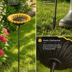 Estaca para bebedero de pájaros con forma de girasol, comedero de hierro fundido con forma de flor, bebedero para jardín exterior, decoración rústica para el patio, regalo para amantes de las aves para la decoración del jardín y el patio. imagen 3