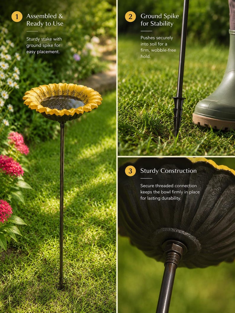 Estaca para bebedero de pájaros con forma de girasol, comedero de hierro fundido con forma de flor, bebedero para jardín exterior, decoración rústica para el patio, regalo para amantes de las aves para la decoración del jardín y el patio. imagen 3