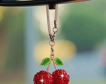 Sparkling Red Crystal Cherry Car Pendant, Rearview Mirror Charm, Elegant Interior Decor