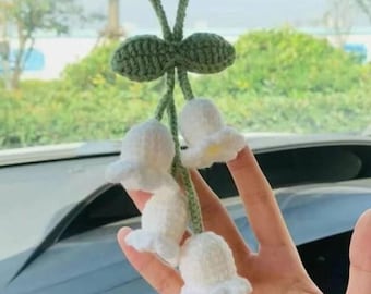 Handmade Crochet Bluebell Flower Car Charm, Rearview Mirror Hanging Decor, Floral Car Accessory, Crochet Keychain, Gift for Women