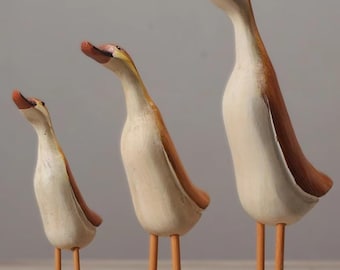 Hand-Painted Wooden Duck Figurines, Rustic Farmhouse Animal Sculpture Set
