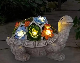 Solar Turtle Statue with Succulents, 7 LED Lights, Outdoor Garden Decor