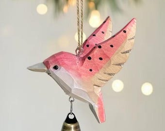 Wooden Hummingbird Wind Chime – Hand-Carved Solid Wood Bird Pendant, Rustic Farmhouse Garden Decor