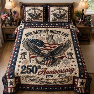 Könnte beinhalten: Ein patriotisches Bettwäsche-Set mit einer Steppdecke und zwei Kissenbezügen. Die Steppdecke zeigt eine amerikanische Flagge, einen Adler und die Freiheitsstatue mit dem Text "One Nation Under God" und "250th Anniversary 1776-2026". Das Farbschema umfasst Rot, Weiß und Blau.