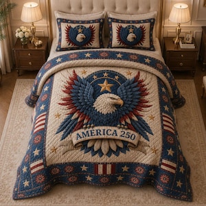 Könnte beinhalten: Eine gesteppte Tagesdecke und zwei Kissenbezüge mit patriotischem Design. Das zentrale Bild ist ein blauer, roter und weißer Adler mit dem Text "AMERICA 250". Der Rand hat Sterne und Streifen.