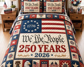 USA 250th Anniversary Bedding Set, We The People Quilt Bedding, Patriotic American Flag Blanket With 2 Pillowcases, Americana Farmhouse