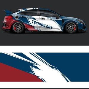 May include: A blue, white, and red sports car with the word "TECHNOLOGY" in white text. The car has black wheels and a spoiler. The design features a dynamic pattern of lines and shapes.