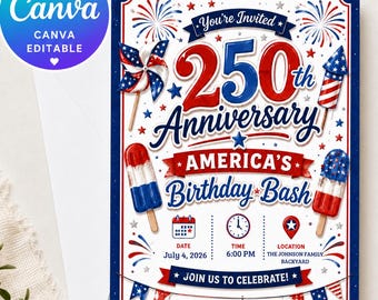 America 250 Birthday Bash Invitation | Popsicle July 4 2026 Party Invite | 250th Anniversary Celebration | Editable Canva Template