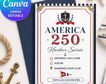America 250 Harbor Soiree Invitation | Nautical Yacht Club July 4 2026 Party | Anchor Coastal Elegant | Editable Canva Template