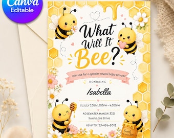 Faire-part de baby shower modifiable selon le sexe des abeilles, invitation de baby shower aquarelle nid d'abeille, What Will It Bee, toile modifiable
