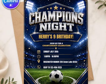 Champions Soccer Birthday Invitation Canva Template, Any Age Blue Gold Football Party Editable Digital Invite