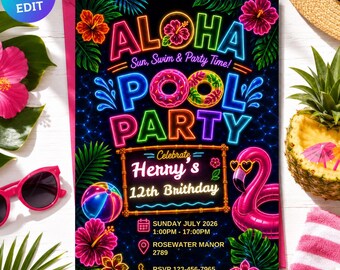 Aloha Pool Party Birthday Invitation Template, Neon Hawaiian Luau Birthday Invite, Tropical Summer Swim Party, Editable Canva