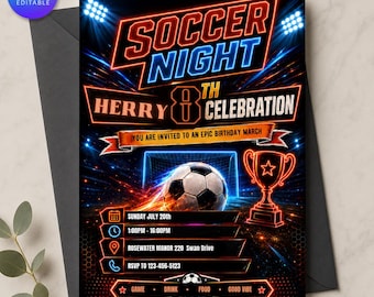 Soccer Night Birthday Invitation Canva Template, Any Age Neon Football Celebration Sports Party Digital Invite