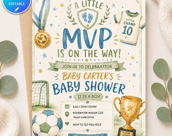 Faire-part de baby shower inspiré de la FIFA, invitation de baby shower de la Coupe du monde, petit MVP is on the way, modèle modifiable, shower de sport pour garçon
