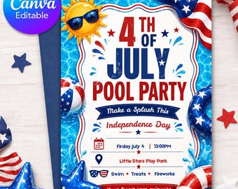 Invitation fête de la piscine du 4 juillet | Invitation patriotique aux éclaboussures d'été | Bash de piscine rouge blanc bleu | Modèle de toile modifiable
