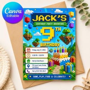 May include: A rectangular birthday party invitation featuring a pixelated block-style theme with a large yellow number 9, a multi-colored cake, floating islands, and text including Jack's Birthday Party Adventure, date, time, and location details.