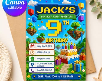 Faire-part d'anniversaire avec un bloc de pixels pour tout âge, invitation à une fête de jeu vidéo d'aventure minière pour les garçons, modèle de toile modifiable, téléchargement immédiat