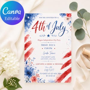 May include: A 4th of July party invitation card featuring red and blue watercolor brushstrokes, floral accents, and text that reads: You're invited to a 4th of July, Elegant Independence Day Party, Friday July 4, 17:00 PM, Garden Terrace, 1234 Liberty Lane, Anytown, USA 2134, Light Bites, Drinks, Fireworks, Kindly RSVP to Emily at 123-456-7890, by June 20.