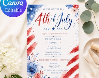 Faire-part du 4 juillet à l'aquarelle | Invitation élégante de fête du jour de la Déclaration d'Indépendance | Célébration patriotique florale | Modèle de toile modifiable