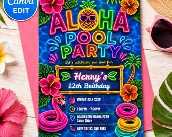 Aloha Pool Party Birthday Invitation Template, Neon Tropical Summer Invite, Flamingo Pool Party, Editable Canva Template