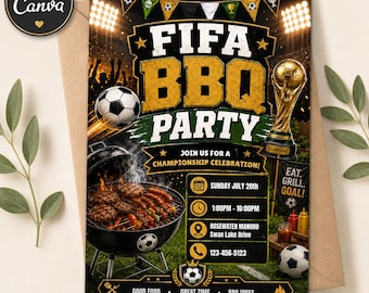 Invitation à une soirée barbecue inspirée de la Coupe du monde de football, invitation modifiable sur toile de football, soirée grillades pour championnat de football