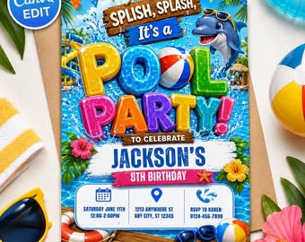 Dolphin Pool Party Birthday Invitation Template, Kids Summer Splash Invite, Water Slide Pool Birthday, Editable Canva