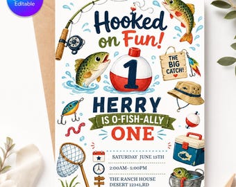 Hooked On Fun First Birthday Invite | O-Fish-Ally One Fishing Party Invitation | Boy 1st Birthday Canva Template | Digital Download