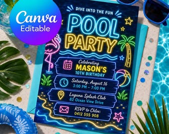 Faire-part modifiable à la piscine, modèle d'anniversaire néon phosphorescent (téléchargement numérique)