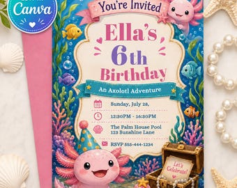 Axolotl Adventure Birthday Invitation, Underwater Treasure Party Invite, Editable Canva Template, Kids Digital Download