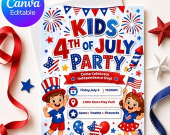 Kids 4th of July Invitation | Cute Patriotic Birthday Party Invite | Children Independence Day | Editable Canva Template