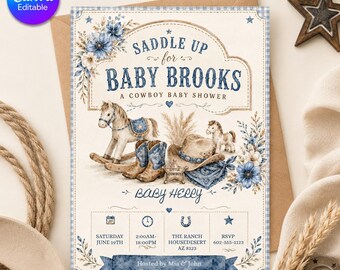 Saddle Up Cowboy Baby Shower Invite | Rocking Horse Baby Shower Invitation | Editable Canva Template Western | Digital Download