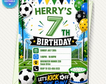 Modèle de toile d'Invitation d'anniversaire de football, invitation verte de partie de football, invitation imprimable numérique de 7e anniversaire d'enfants