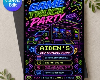 Invitation d'anniversaire de camion de jeu, invitation de partie de jeu vidéo néon, invitation de Gamer Boy de niveau supérieur, modèle modifiable d'arcade de toile