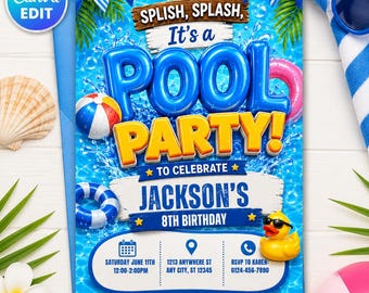 Pool Party Birthday Invitation Template, Tropical Splash Invite, Beach Ball Pool Birthday, Rubber Duck Canva Template