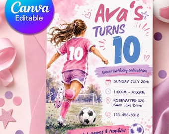 Faire-part d'anniversaire de football fille modifiable pour tout âge, fête de football aquarelle rose, invitation de sport d'anniversaire, toile modifiable