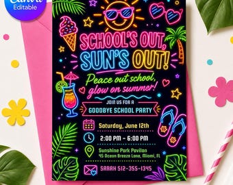 Editable School’s Out Summer Invitation, Neon Glow Pool Party Invite, Kids Tropical End of School Party, Editable Canva