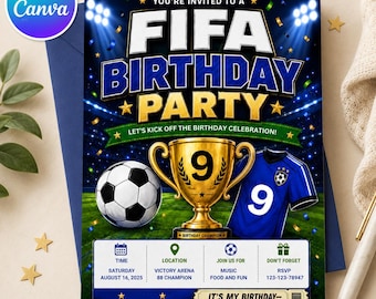 9e Invitation d'anniversaire de coupe du monde inspirée de la FIFA, invitation de fête d'anniversaire de football de football de toile modifiable, modèle de maillot