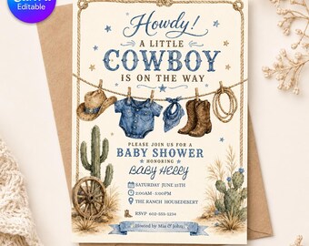 Howdy Cowboy Baby Shower Invite | A Little Cowboy Is On The Way | Western Boy Shower Invite | Editable Canva Template | Digital Download