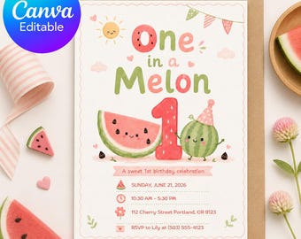 One in a Melon Birthday Invitation, Watermelon First Birthday Party Invite for Girls,Summer Turning One Editable Canva Template