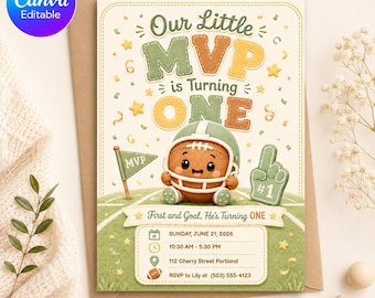 Modèle de toile modifiable pour premier anniversaire de football, garçon, notre petit MVP va avoir un sport vintage, invitation pour 1er anniversaire d'invitation