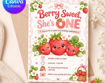 Editable Strawberry First Birthday Invitation Girl Berry Sweet She's ONE Pink Coquette 1st Birthday Invite Editable Canva Template