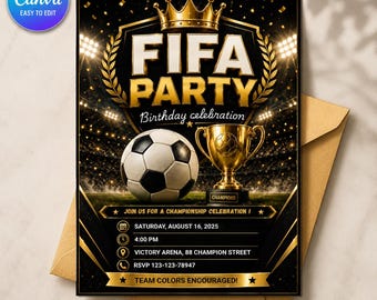 Invitation d'anniversaire de coupe du monde inspirée de la FIFA, invitation de fête d'anniversaire de football en toile modifiable, modèle de championnat de football