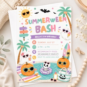 May include: A Summerween Bash invitation card for Bella's 8th birthday on Sunday, July 27, from 2 PM to 6 PM at Rcommunity Pool, 123 Sunshine St. The design features cartoon ghosts, pumpkins, and a skeleton in a pool with colorful summer icons.