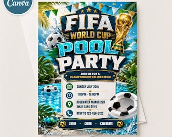 Invitation de fête de piscine de coupe du monde inspirée de la FIFA, invitation modifiable de partie d'été de football de toile, modèle d'anniversaire de piscine de football